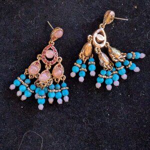 RARE FIND VINTAGE JOAN RIVERS ROSE GOLD CHANDELIER TEARDROP PINK TEAL #18